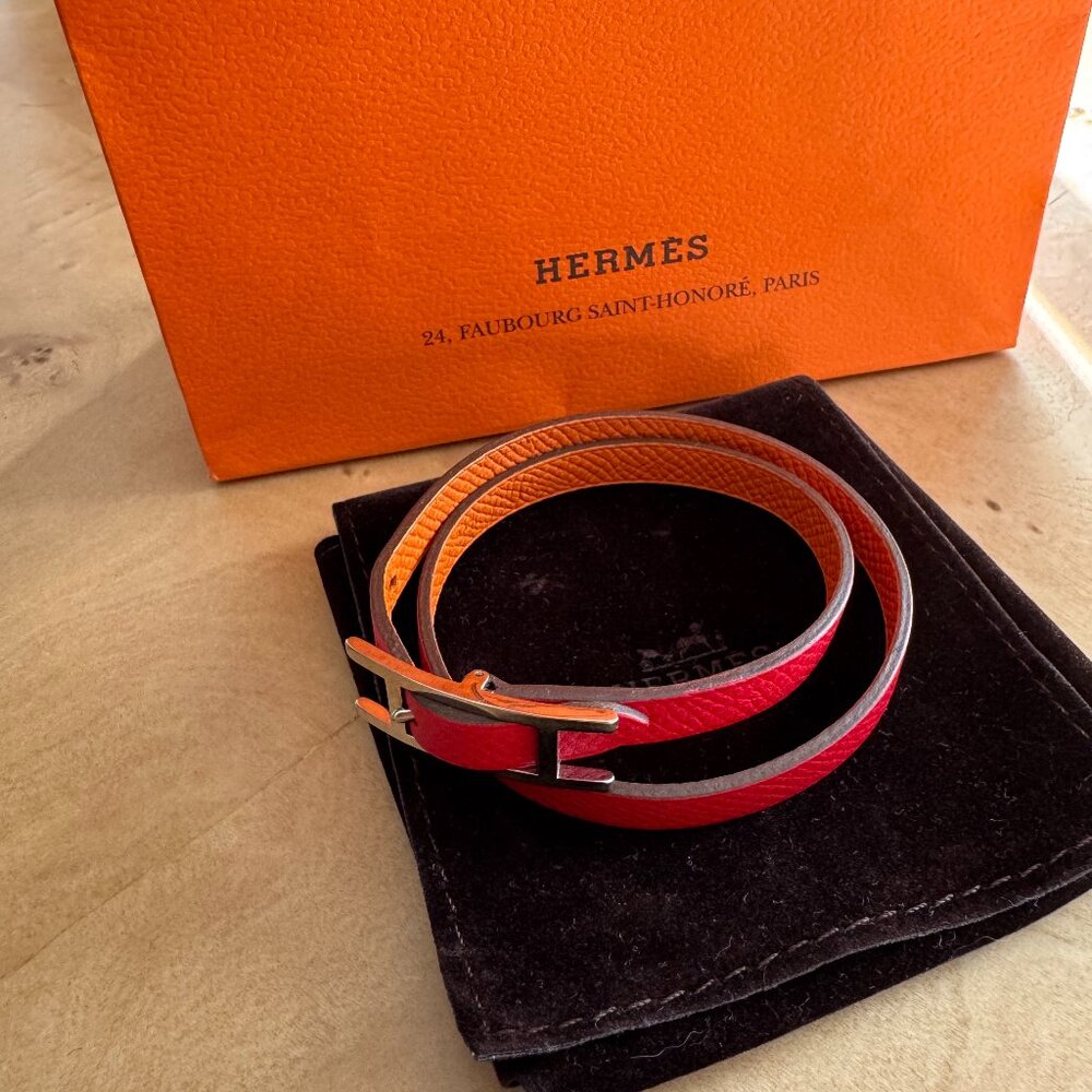 Authentic Hermès Red Leather Behapi Double Tour Bracelet Box and Pouch